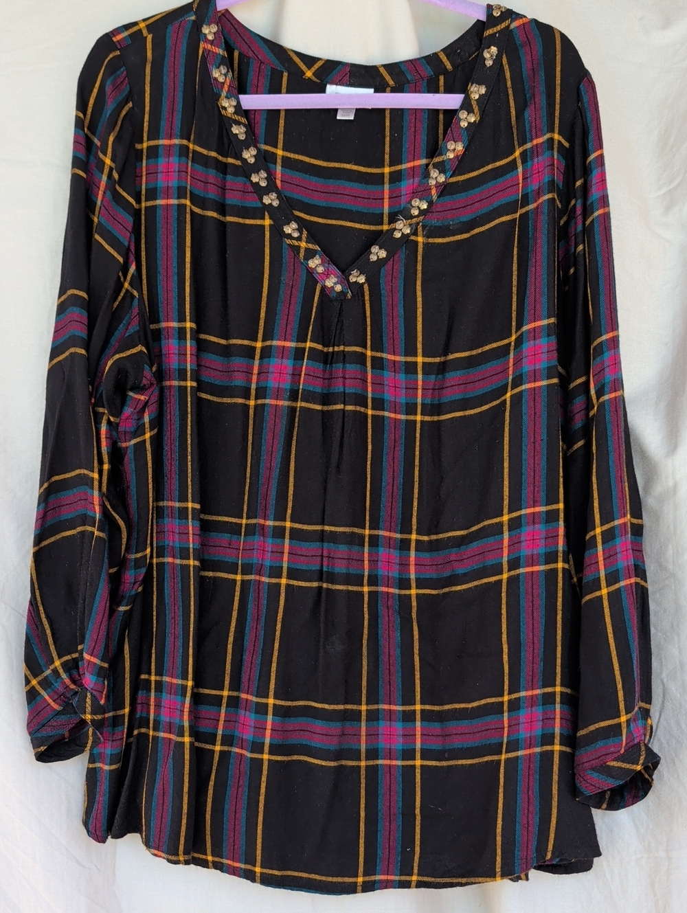 Black Plaid V-Neck Long Sleeve Women’s Top Fall Flannel Versatile Wear